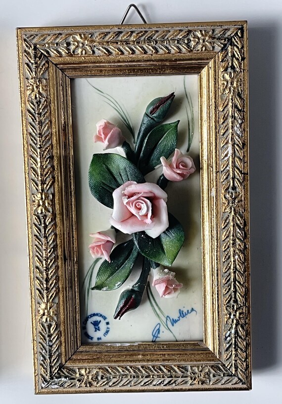 Capodimonte 3D Framed Flowers Pair of Signed Visconti Mollica Made