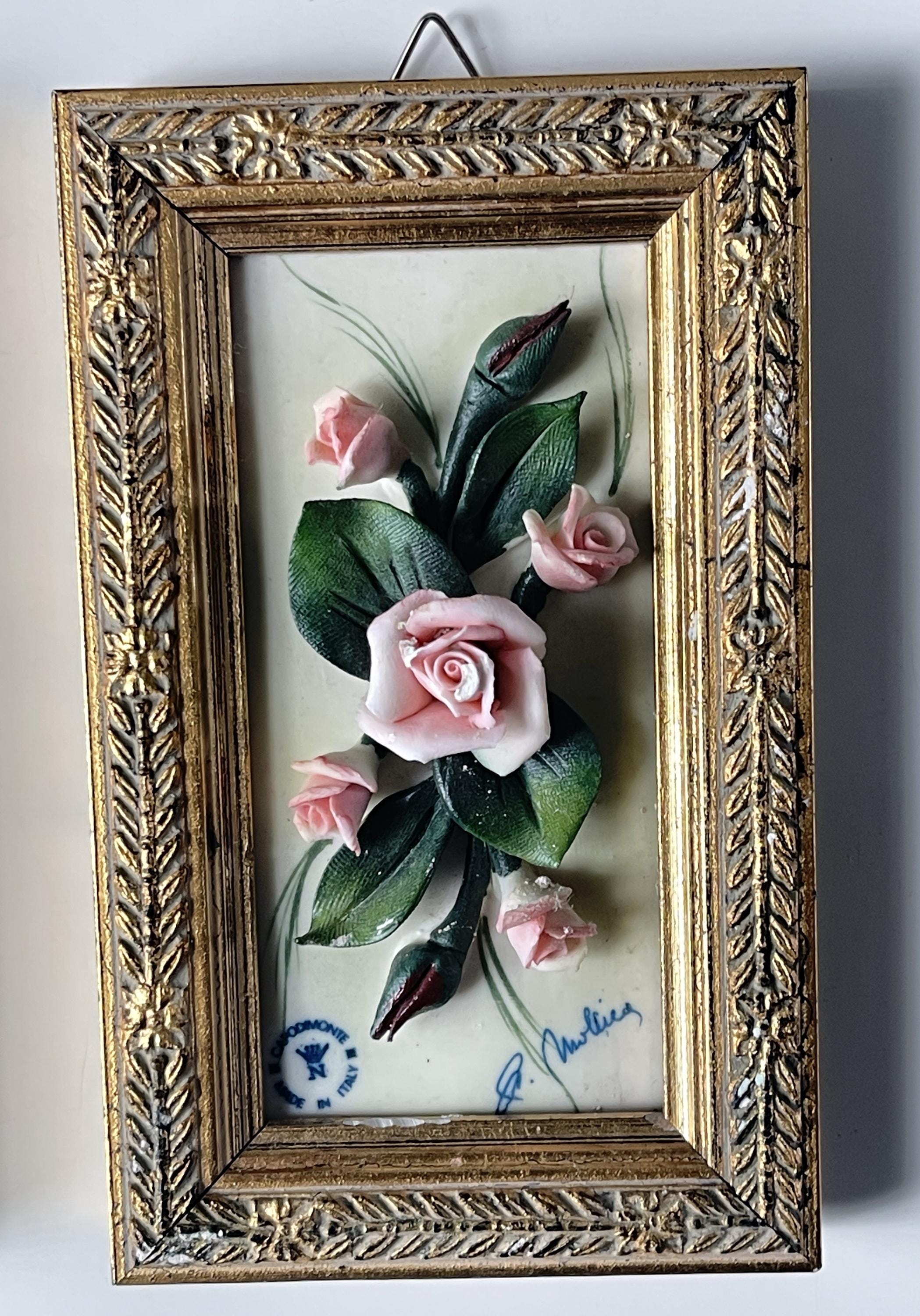 Capodimonte 3D Framed Flowers Pair of Signed Visconti Mollica Made