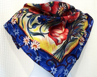 Vintage scarf Yellow/blue polyester multicolor flower scarf Spring square scarf