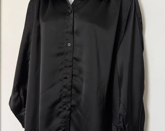 Nina Parker Blouse Black satin long sleeves buttons size XL