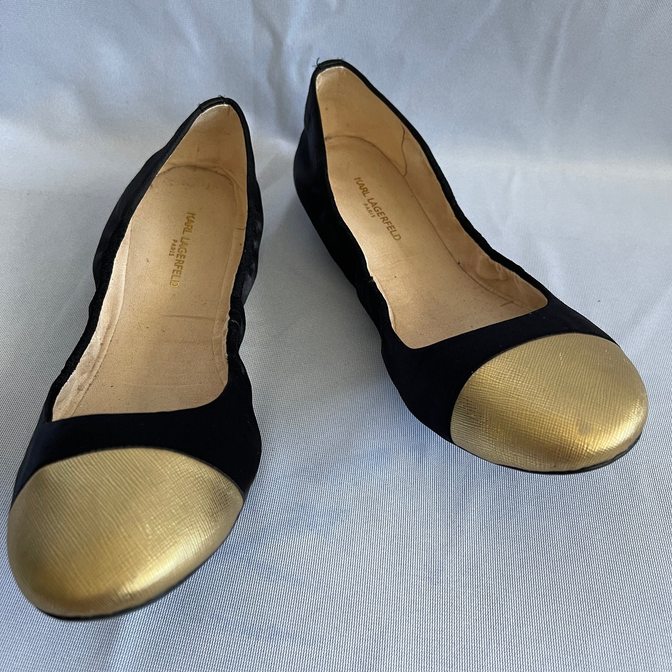 KARL LAGERFELD Stretch Black Satin /gold Cap Pointed Ballet - Etsy Denmark