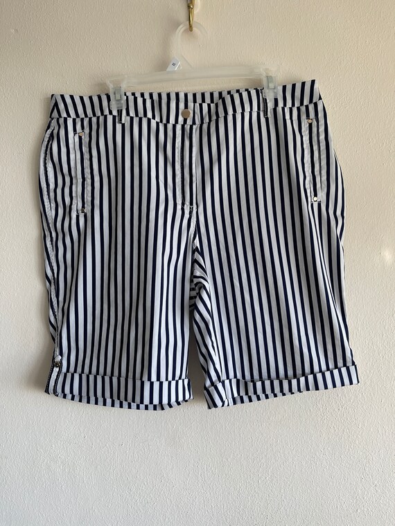 Women Cotton Short White dark Blue Striped Ladies Short High Waist