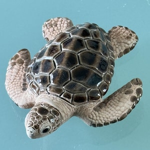 May include: A ceramic turtle figurine with a detailed, textured shell in shades of brown and black. The flippers and head are a lighter tan color. The turtle is a decorative item, possibly for a coastal or nautical theme.
