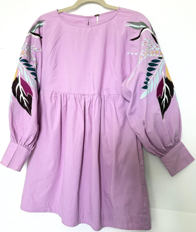 Free People Dress Purple cotton mini dress Pregnant embroidered lilac long sleeve tunic dress size SP image 8