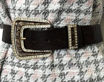 Genuine Leather Belt Women's brown bronze crystal enamel buckle fashion size SM