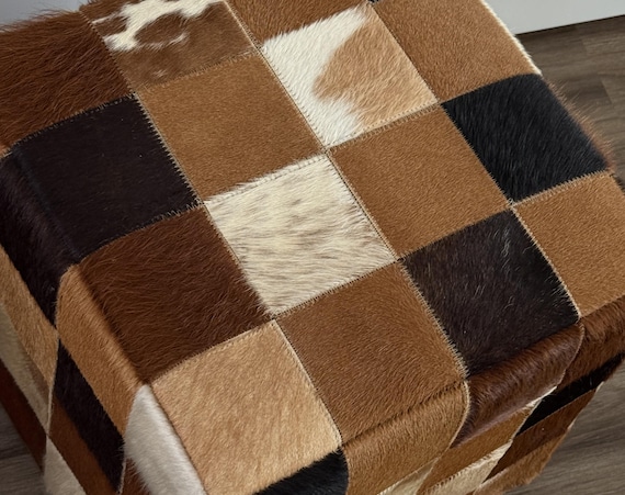 Cowhide Pouffe Brown Multicolor Patch Work Leathe… - image 13