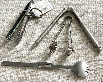 Kitchen Serving Set Vintage silver plated asparagus tongs Shell ice tong Metal pickle fork HMQ silver tone nutcracker
