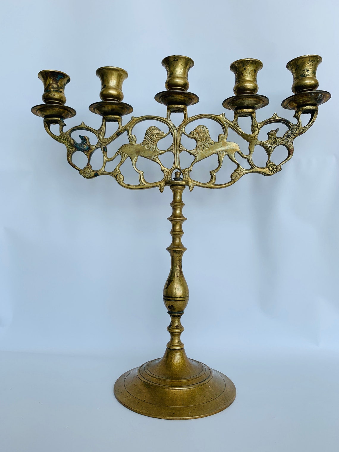 Antique Brass Menorah Brass Menorah candelabra Vintage candle Etsy