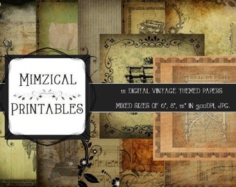 12 Digital Vintage Papers, Mixed Sizes Of 6x6, 8x8 and 12x12.