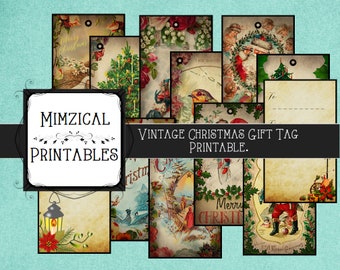 Vintage style Christmas Gift Tags, Set of 12 Digital Download, Printable A4 Sheet.