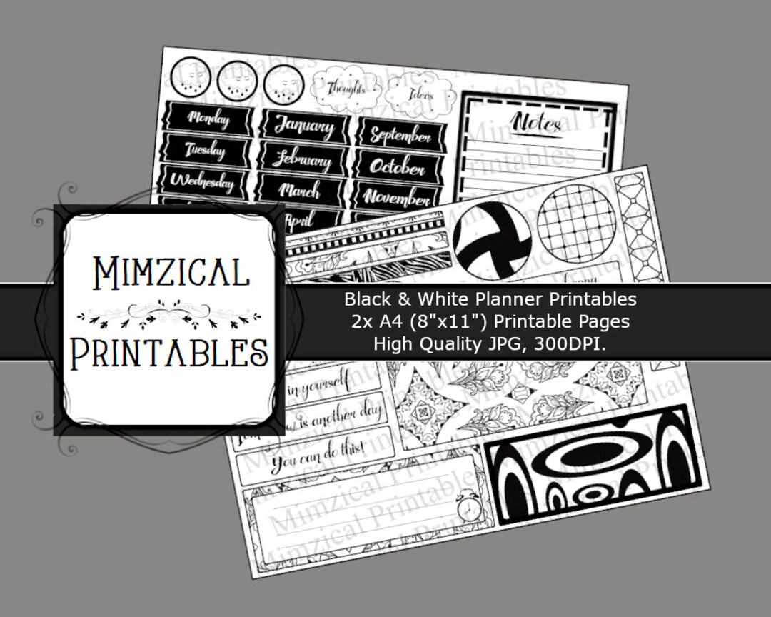 Planner Printables, Digital Download, Black &amp; White, Mono Printables ...