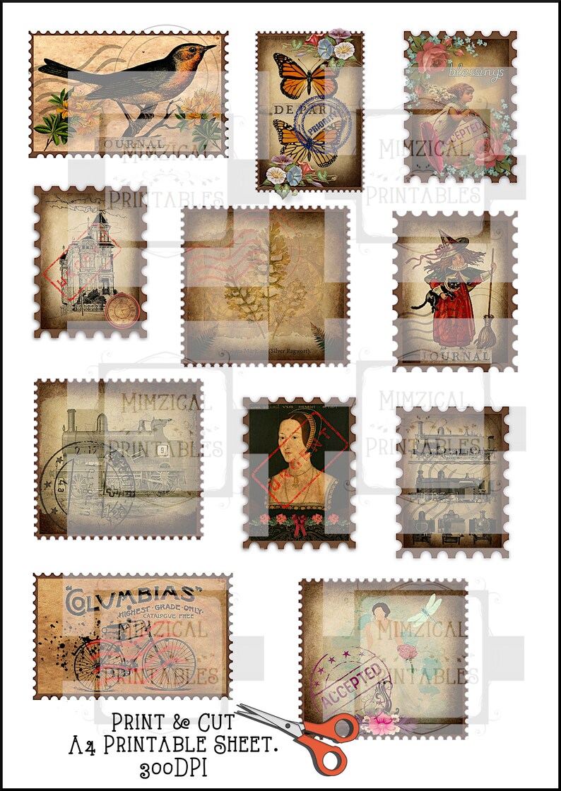 Printable Ephemera Faux Stamps Vintage Digital Download. Etsy