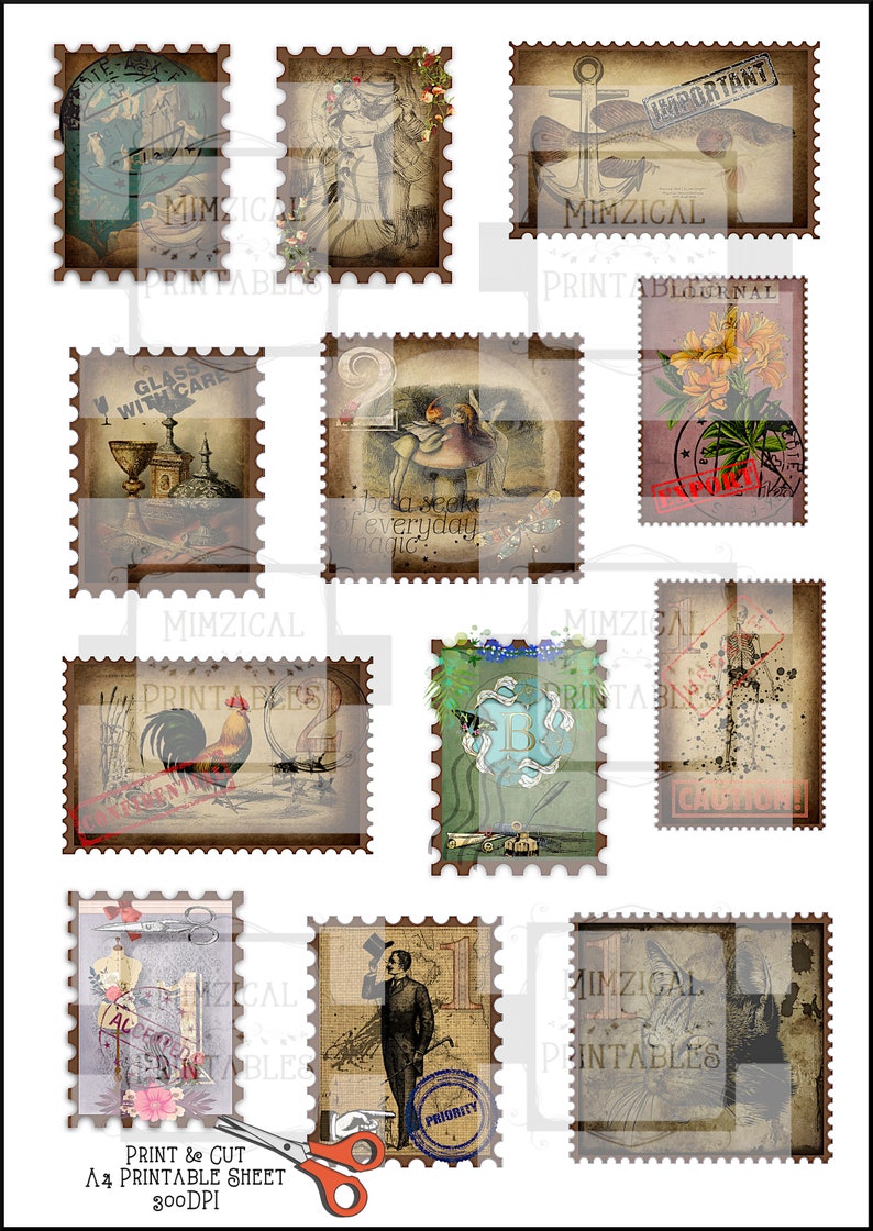 Printable Ephemera Faux Stamps Vintage Digital Download. Etsy