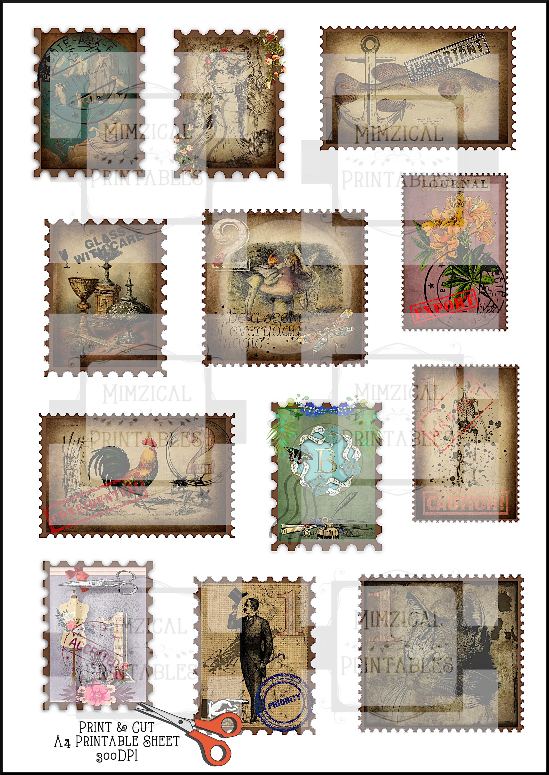 Printable Ephemera Faux Stamps Vintage Digital Download. - Etsy