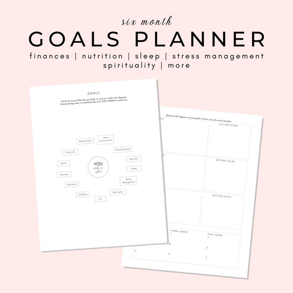 Goals Planner | worksheet, goal setting, planning, 6 mo - 5 years | health, productivity, stress management, nutrition, finances & more!