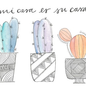 Mi Casa Cactus // Handlettered Frameable Art // Black White Watercolor // 4x6 5x7 8x10 11x14 //