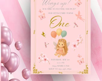 Sprookjesachtige eerste verjaardagsuitnodiging | Bewerkbare digitale download