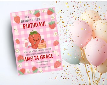 Mijn eerste verjaardagsuitnodiging Berry | Bewerkbare aardbei-feestuitnodiging | Afdrukbaar sjabloon voor 1e verjaardag