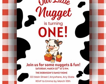 Chick-fil-A verjaardagsuitnodiging: eerste verjaardag koeprint (bewerkbare canvadownload)