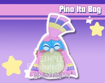 May include: A pink and blue ita bag shaped like a cartoon bird with a yellow, purple, and blue crest. The bag has a blue mask with white eyes and pink cheeks. The text "SAMPLE" and "@AnimatedByAmy" is on the bag.
