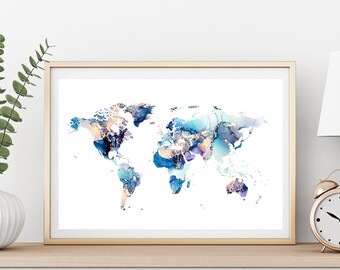 Blue Gold Abstract World Map Art | Homeschool Decor (Digital Download)