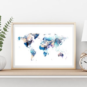 Blue Gold Printable World Map Wall Art Abstract | Homeschool Decor Teacher Classroom Decorations | Push Pin Travel Map | Boys Bedroom Print