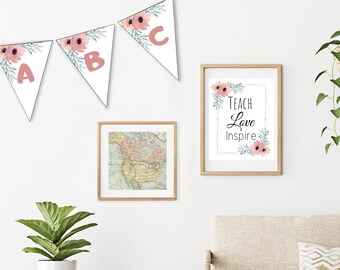 Floral Classroom Decor Set | Vintage Map, Banner, Sign (Digital Download)