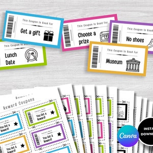 May include: Printable reward coupons with a variety of colorful designs. The coupons feature text such as "You Get a Reward!" and "Fantastic Work!"