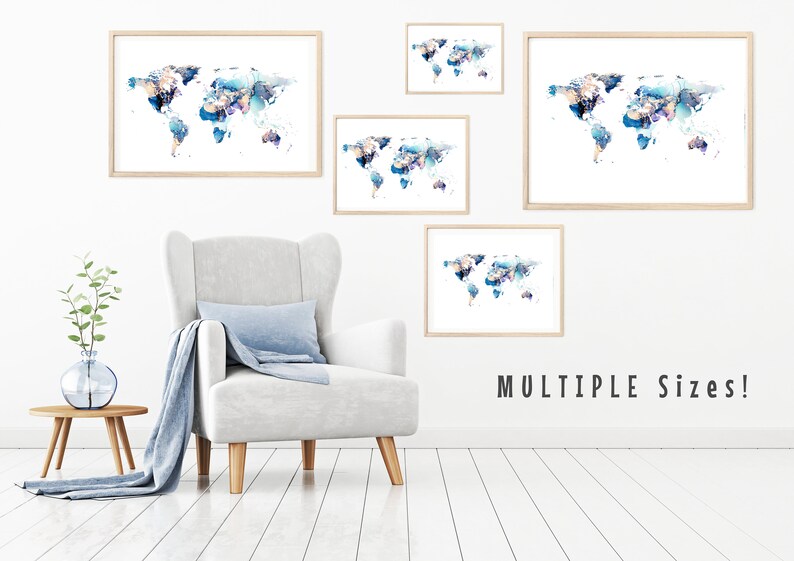 Blue Gold Abstract World Map Art | Homeschool Decor (digital Download ...
