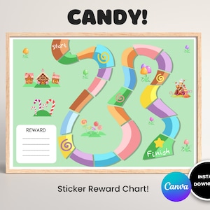 May include: A printable candy-themed sticker reward chart with a green background. The chart features a winding path with colorful candy-themed spaces. The chart includes a start and finish space, as well as a reward space. The text "CANDY!" is at the top of the chart. The text "Sticker Reward Chart!" is at the bottom of the chart.