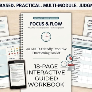 Puede incluir: Un libro de trabajo interactivo de 18 páginas titulado Focus & Flow, un kit de herramientas de funciones ejecutivas para el TDAH. El libro de espiral incluye páginas sobre ciencia cerebral, paneles diarios y registros de progreso.