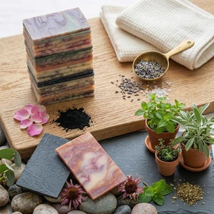 May include: A tall stack of rectangular soap bars with marbled patterns in shades of purple, green, and brown. Nearby are loose lavender buds in a gold scoop, pink flower petals, black powder, and potted green herbs on a wooden board.