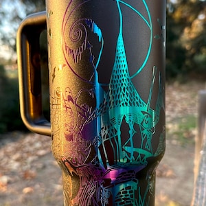 40 oz Etched Nightmare Tumbler With Handle, Halloween, Double-Walled, Stainless Steel, Hot & Cold, Christmas Gift, Nightmare, Before, Gift