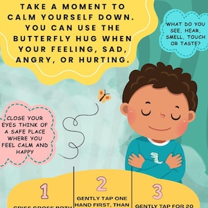 Könnte beinhalten: Eine illustrierte Anleitung mit dem Titel "Die Schmetterlingsumarmung" mit Anweisungen zum Beruhigen. Das Bild zeigt ein Kind und Textaufforderungen für eine Selbstberuhigungstechnik. Die Schritte umfassen das Überkreuzen der Arme, das Klopfen auf die Brust und das Atmen.