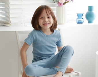 WithOrganic Kids Knit Ribbed Short Sleeved Pajama Set for Boy & Girls - Certified 100% Organic Cotton Sleepwear_Cerulean Blue