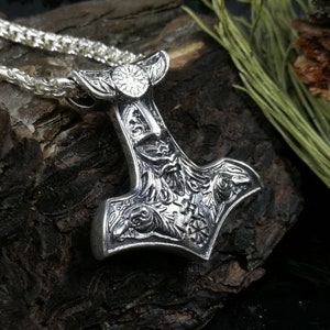 Thor&#39;s Hammer Necklace Mjolnir Necklace Sterling Silver Viking Jewelry Celtic Pendant Nordic Jewelry Viking Raven Necklace