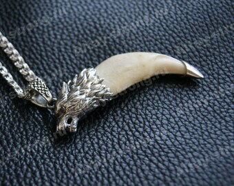 Black Wolf Tooth Necklace, Bone jewelry, Animal teeth, Wolf Head Necklace,  Wolf necklace Fangs Wolf pendant Gift for men Viking jewelry - Main Image