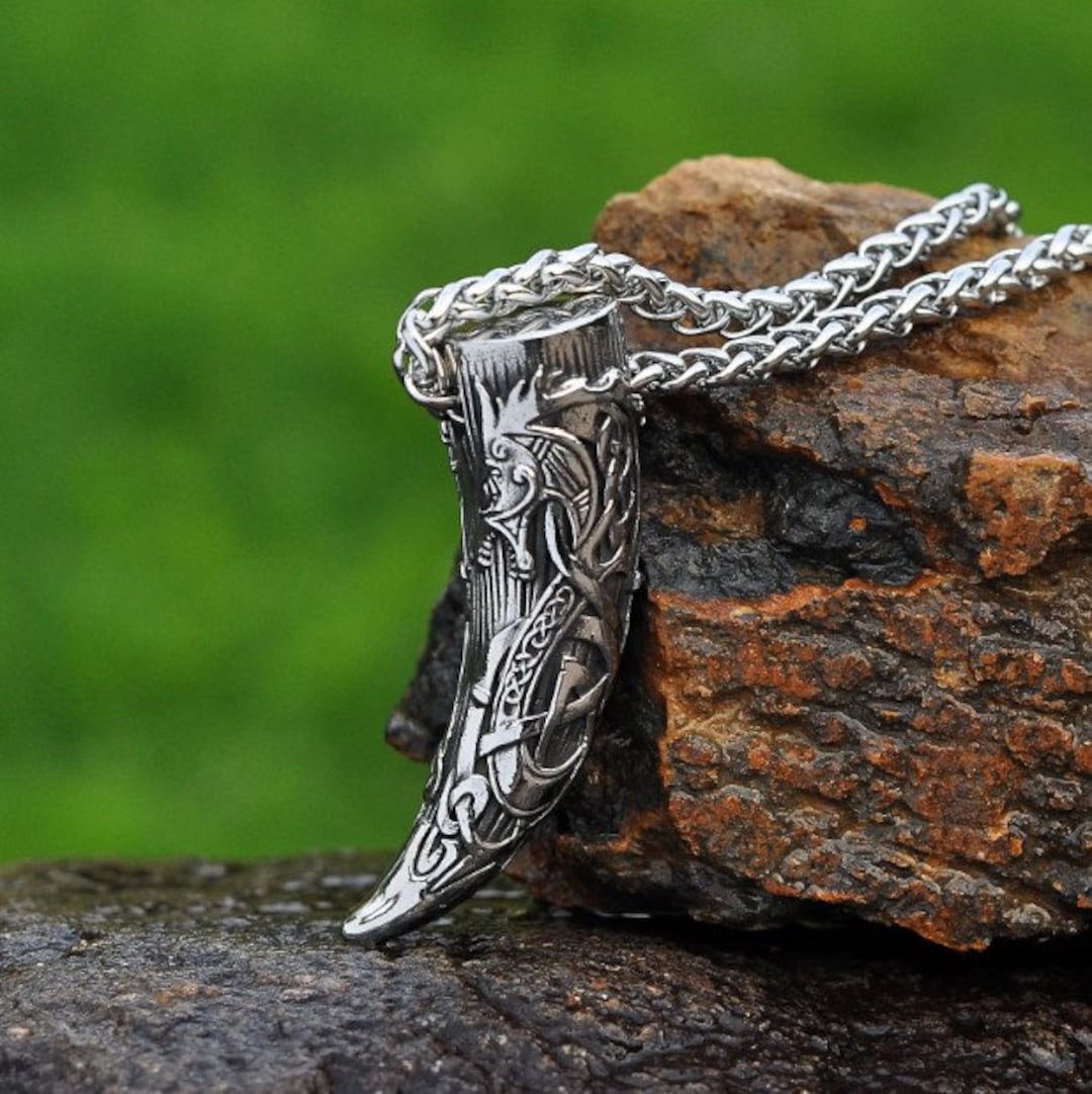 Dragon Tooth Necklace With Carved Celtic Ornaments, Viking Drinking