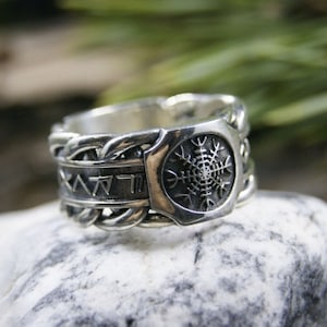 Helm of awe ring Mens wedding band Viking ring Viking runes Norse ring Pagan ring Mens ring silver Futhark runes Futhark ring Odin Nordic