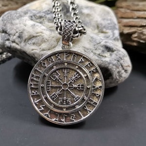 Silver Viking jewelry with Helm of Awe, Aegishjalmur norse pagan jewelry, Vegvisir pendant, Viking compass necklace, Elder futhark runes