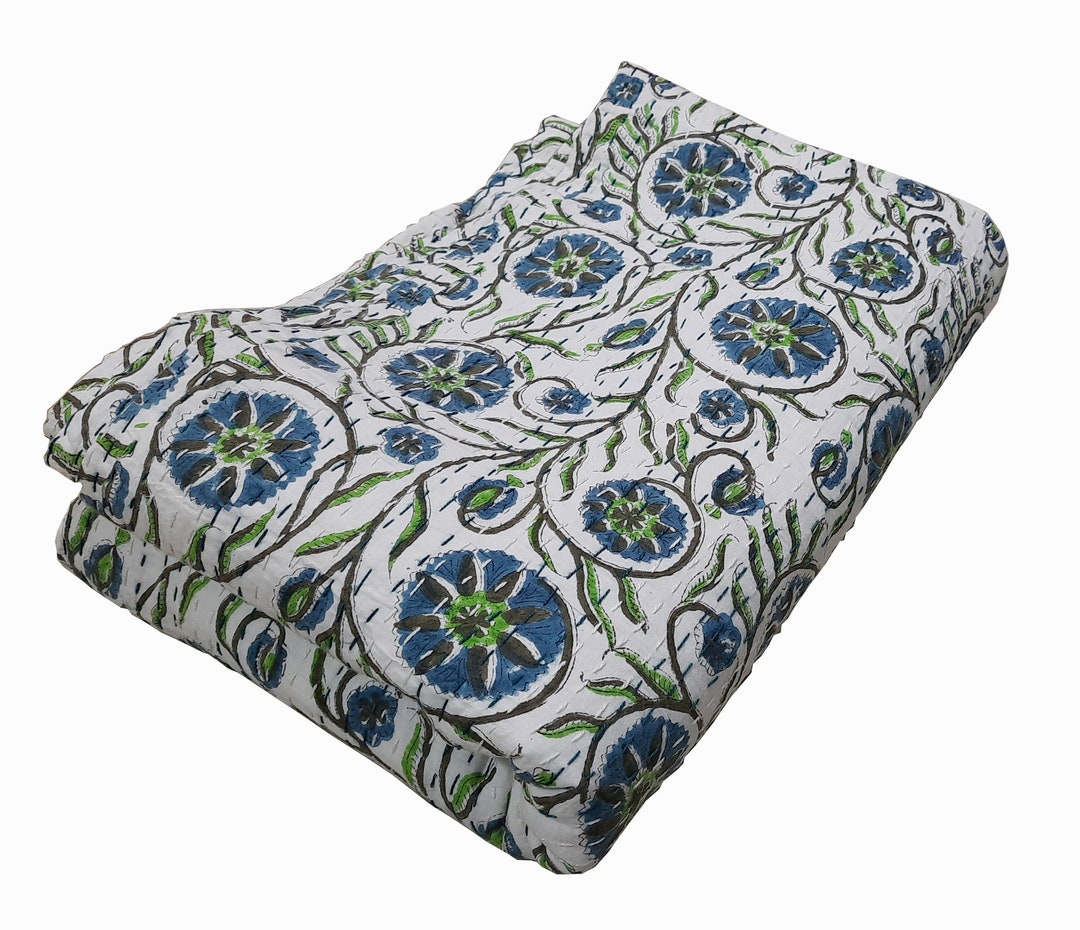 Green Kantha Quilt King Size Hand Stitch Kantha Floral Bed Etsy