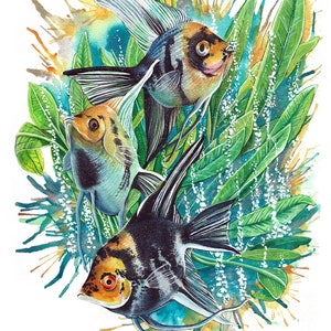 Marble Koi Angelfish Watercolor Art Print and Sticker