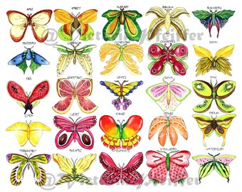 Fruit Butterflies Watercolor Original Art Print and Stickers