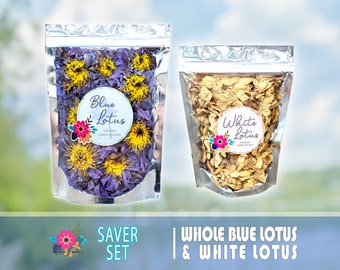 Blue Lotus Whole Flowers and White Lotus Petals SAVER SET, 100% Organic Nymphaea caerulea & Nelumbo nucifera Egypt Lotus