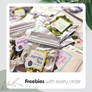Graphic showing the included free gift with every order, such as a sample pack of dried herbs or botanicals, highlighting extra value