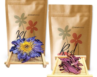 Organic Blue and Red Lotus Bundle: Dried Whole Flowers and Mixed Petals Gift Set