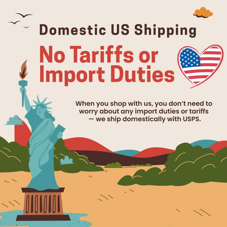 A graphic illustration featuring the Statue of Liberty in teal, a heart-shaped American flag, and text stating: Domestic US Shipping, No Tariffs or Import Duties. When you shop with us, you don't need to worry about any import duties or tariffs.