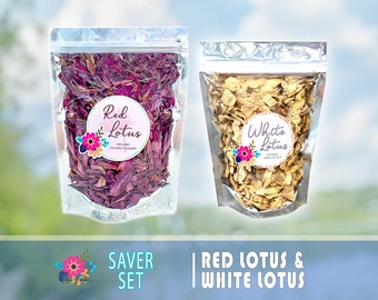 Red Lotus and White Lotus Saver Set, 100% Organic Crushed Nymphaea rubra & Nelumbo nucifera Flower Petals