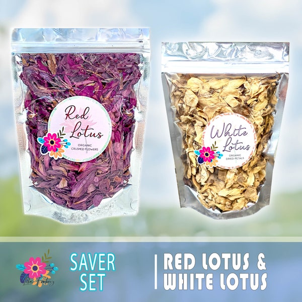 Red Lotus and White Lotus Saver Set, 100% Organic Crushed Nymphaea rubra & Nelumbo nucifera Flower Petals