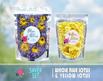 Blue Lotus Whole Flowers and Yellow Lotus SAVER SET, 100% Organic Nymphaea caerulea & Yellow Nelumbo nucifera